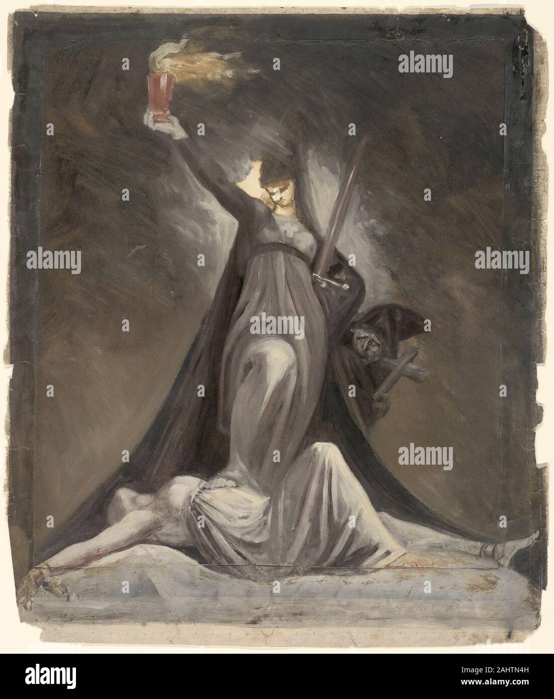 Henry Fuseli. Study for Inquisition, Illustration to Columbiad. 1805–1809. England. Oil paint, over touches of graphite, on cream wove paper, laid down on stipple etching, etching, and aquatint in black on cream wove paper The Spanish Inquisition (symbolizing religious intolerance) is personified as a sinister-looking woman carrying a sword and holding a flaming vessel. She stands triumphantly atop the prone body of Truth. Peering out from behind her is a Dominican friar, an instrument of her authority.Fuseli’s painted sketch (a study for an unpublished engraving) illustrates lines from the ea Stock Photo