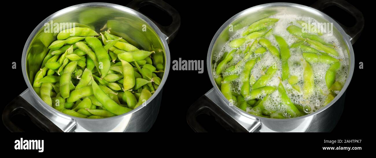 Edamame, green soybeans, maodou, raw and boiling in saltwater, both in a metal pot. Soy beans, Glycine max., a legume that bis rich on protein. Stock Photo