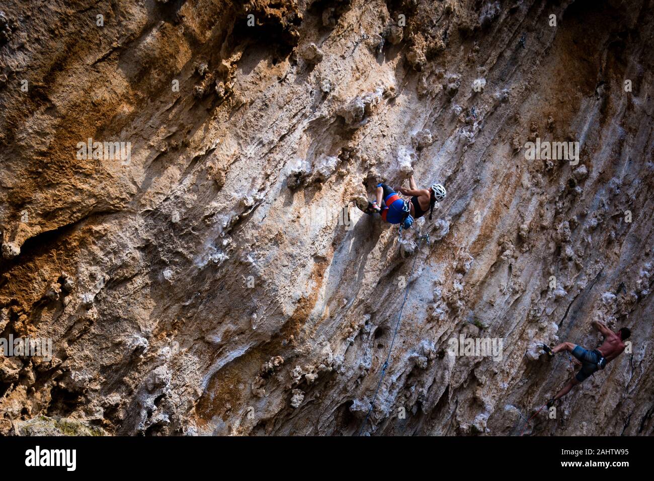 Two Sport Climbers in the Grande Grotta, Kalymnos, Greece Stock Photo