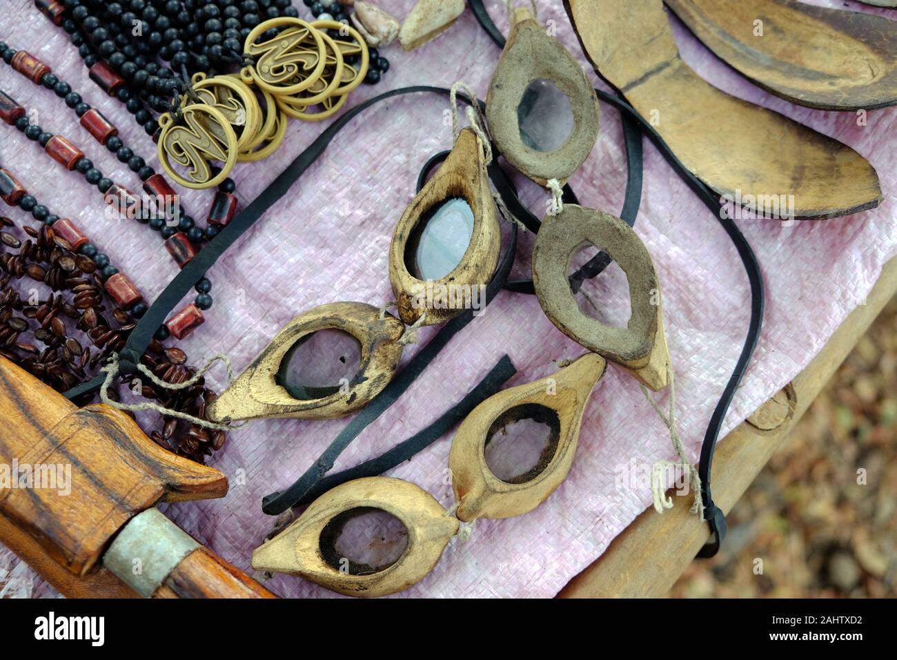 Indonesia Alor Island local Kalabahi marcet - traditionell wooden diving googles Stock Photo