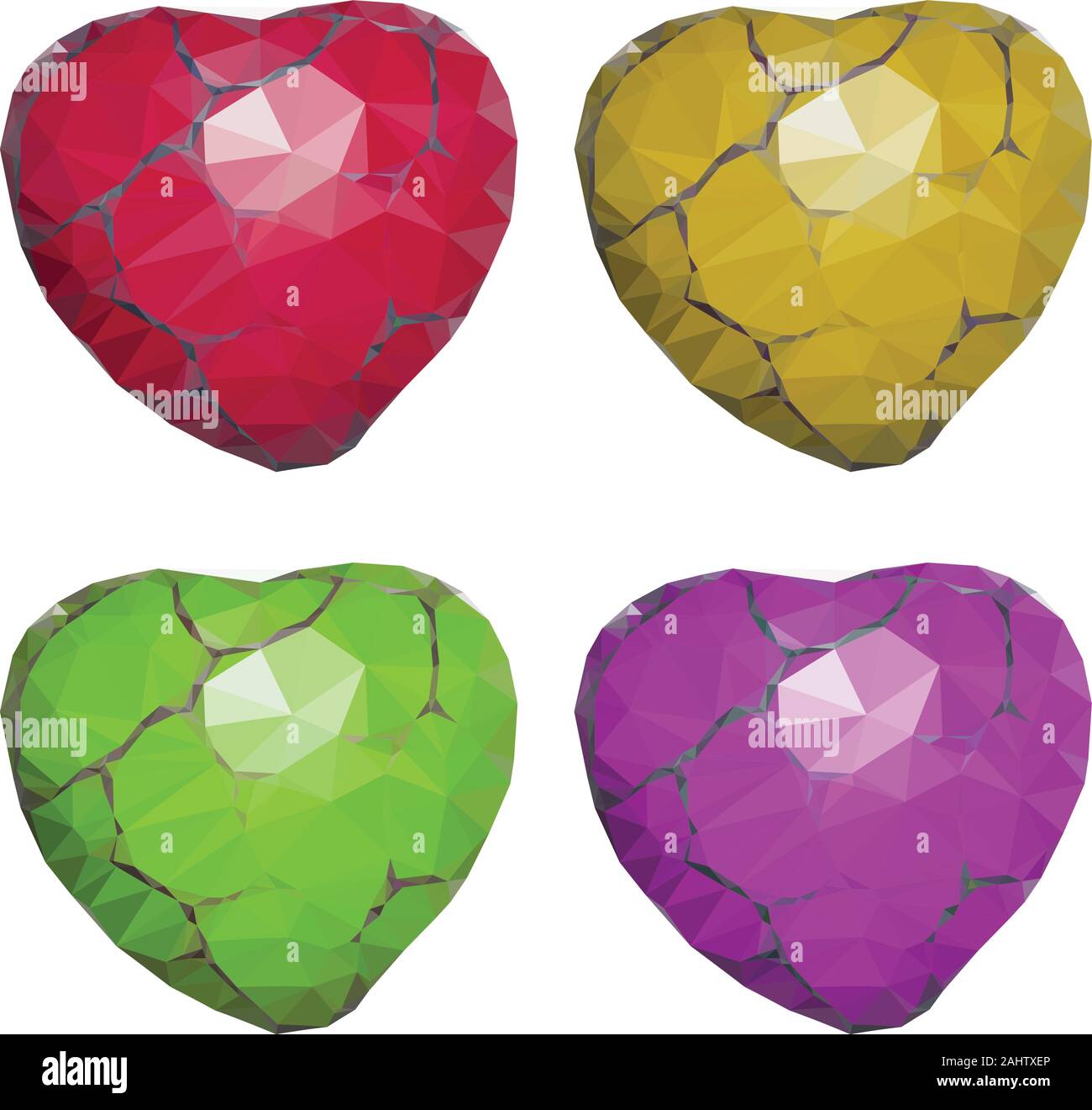 Colorful low poly stone hearts with cracks set. Stock Vector