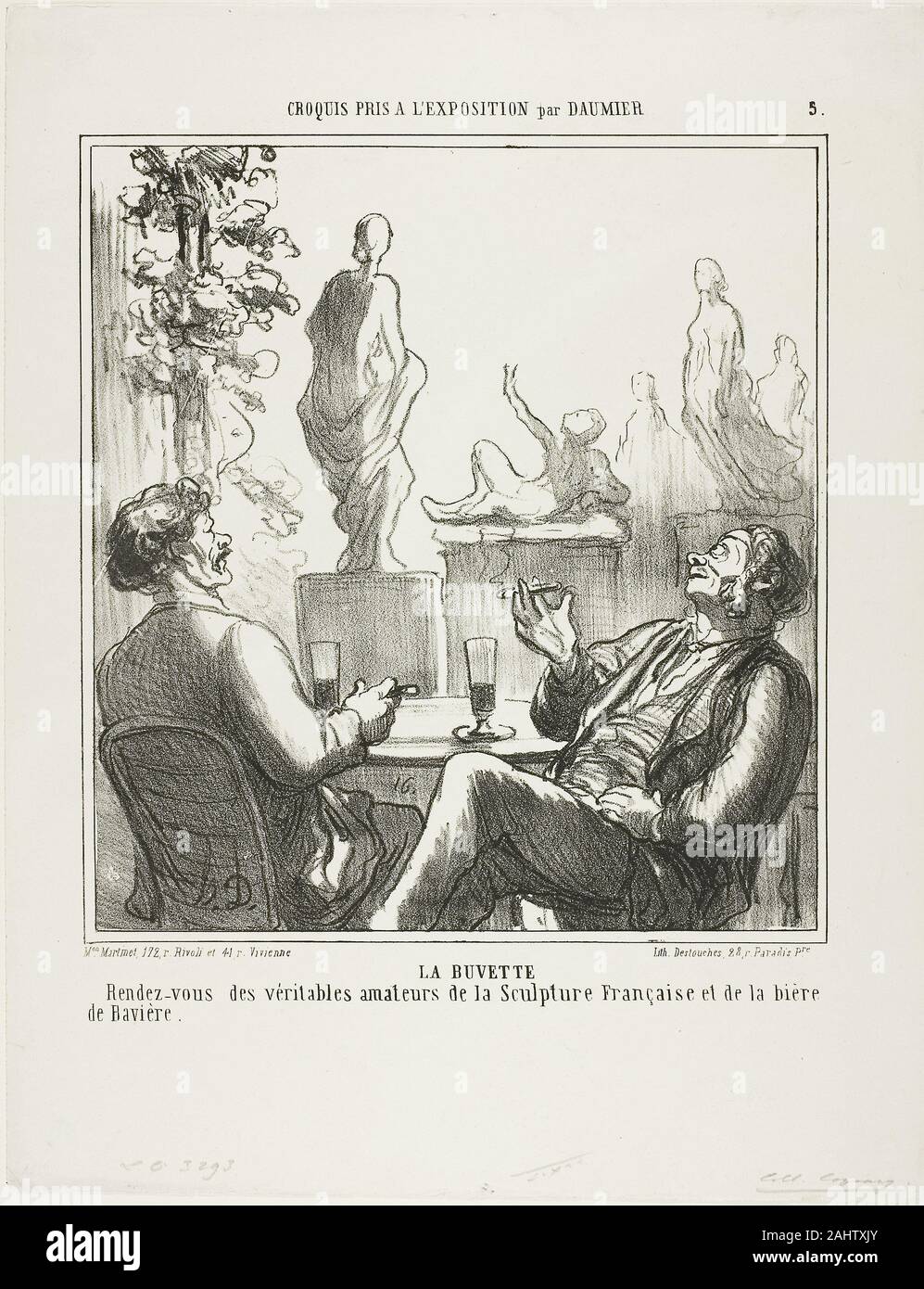 Honoré-Victorin Daumier. At The Bar. Meeting point for the true lovers of French sculpture and Bavarian beer, plate 5 from Croquis pris à l'exposition. 1865. France. Lithograph in black on white wove paper Daumier portrayed Salon exhibitions over several decades for comic journals such as La Caricature and Le Charivari, which published this lithograph. This print suggests the different reasons for which visitors came to Paris and the Salon. Shown here are flaneurs who install themselves by the bar, sarcastically labeled by Daumier as “the true lovers” of art, implying that a real Salon enthusi Stock Photo