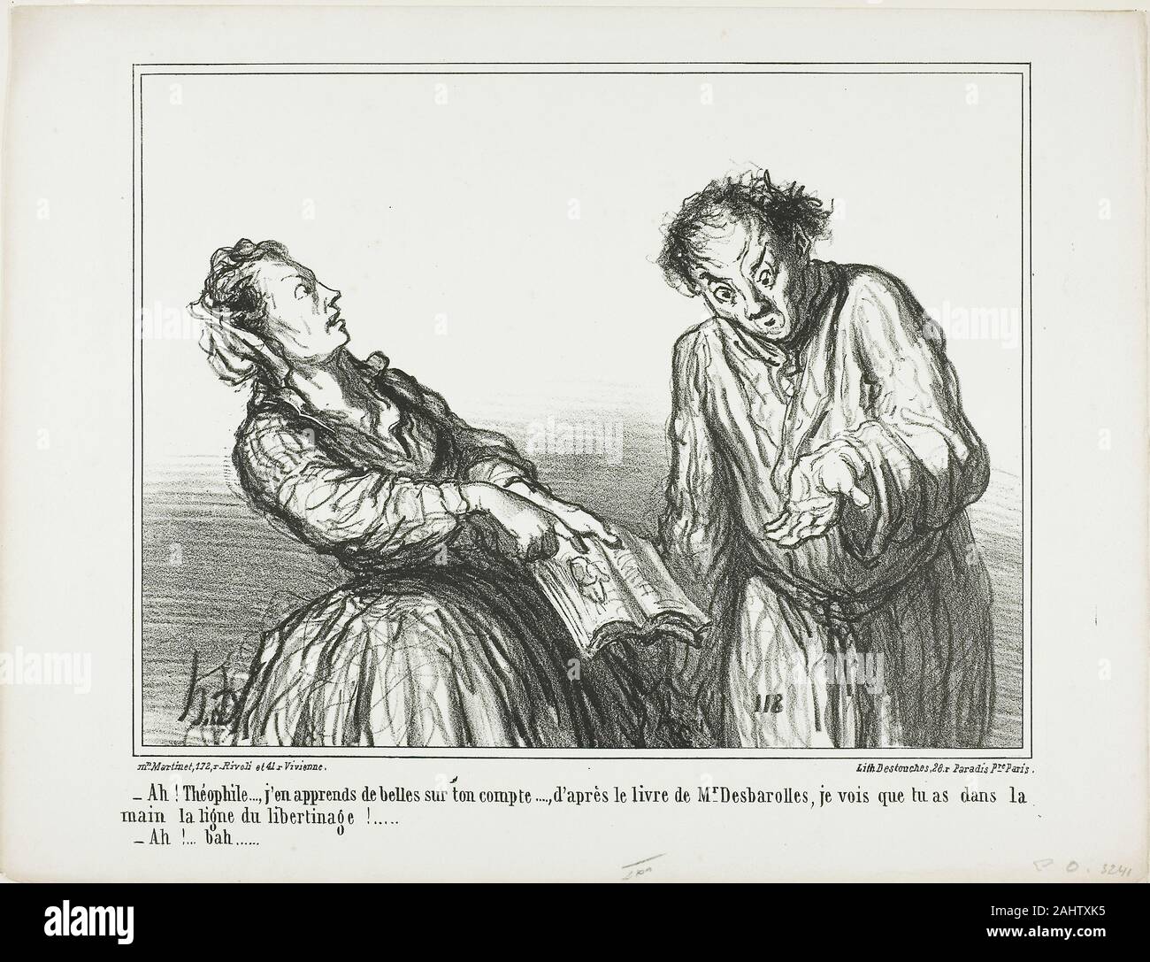 Honoré-Victorin Daumier. “- Ah, Théophile, what ghastly things I am reading about you. According to the book by Mr. Desbarolles, I can tell that you have in your palm the lines of a libertinage!… - Oh, well…,” plate 1 from Ces Bons Parisiens. 1860. France. Lithograph in black on white wove paper Stock Photo