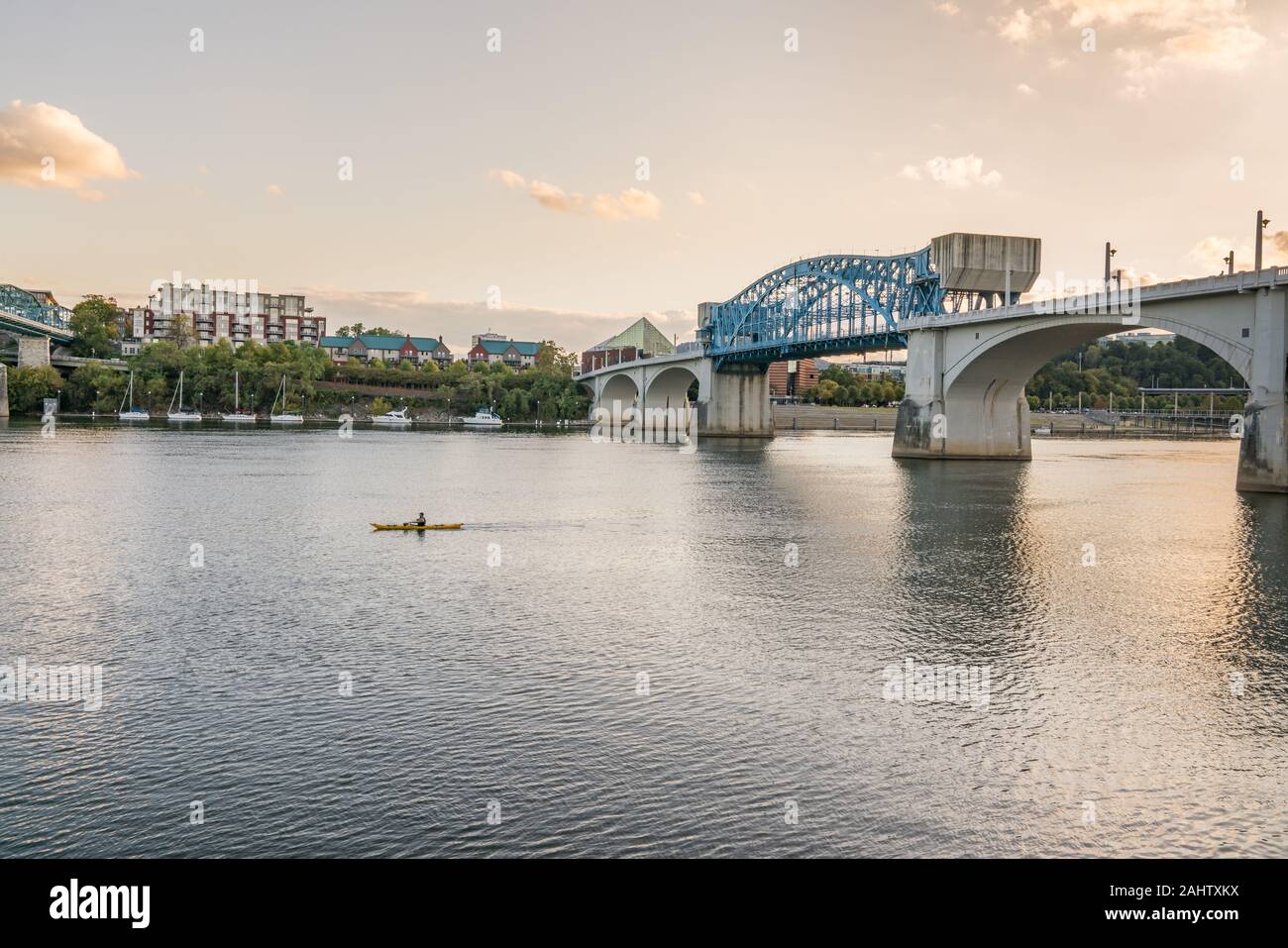 Chattanooga, TN - October 8, 2019: Chattanooga City Skyline along the Tennessee River at Sunset Stock Photo