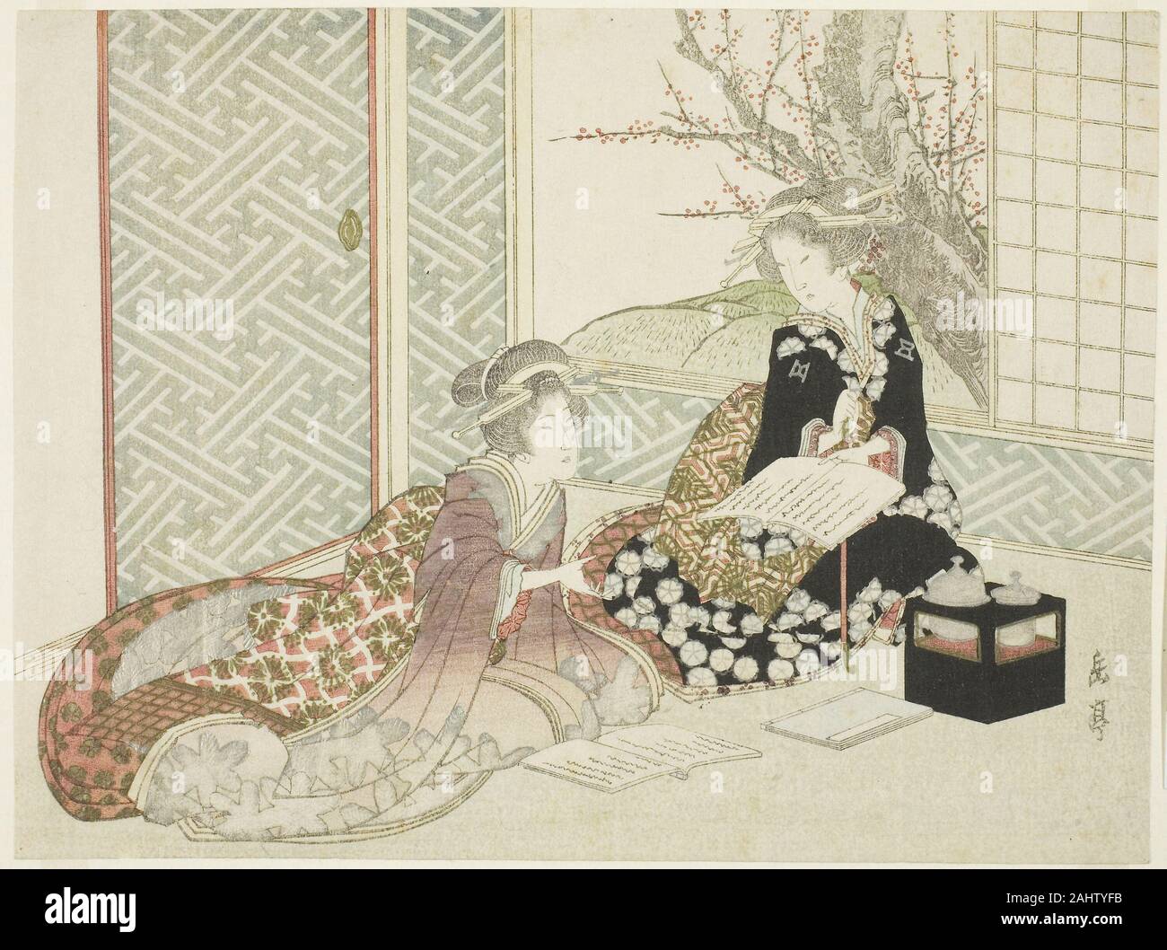 Yashima Gakutei. Two Women Reading. 1820–1868. Japan. Color woodblock print; shikishiban, surimono Stock Photo