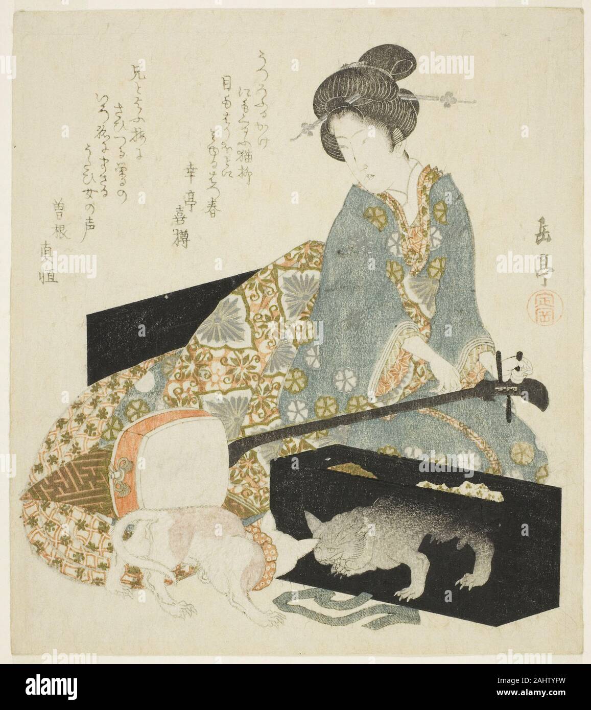 Yashima Gakutei. Woman with Shamisen and Cat. 1820–1830. Japan. Color woodblock print; shikishiban, surimono Stock Photo