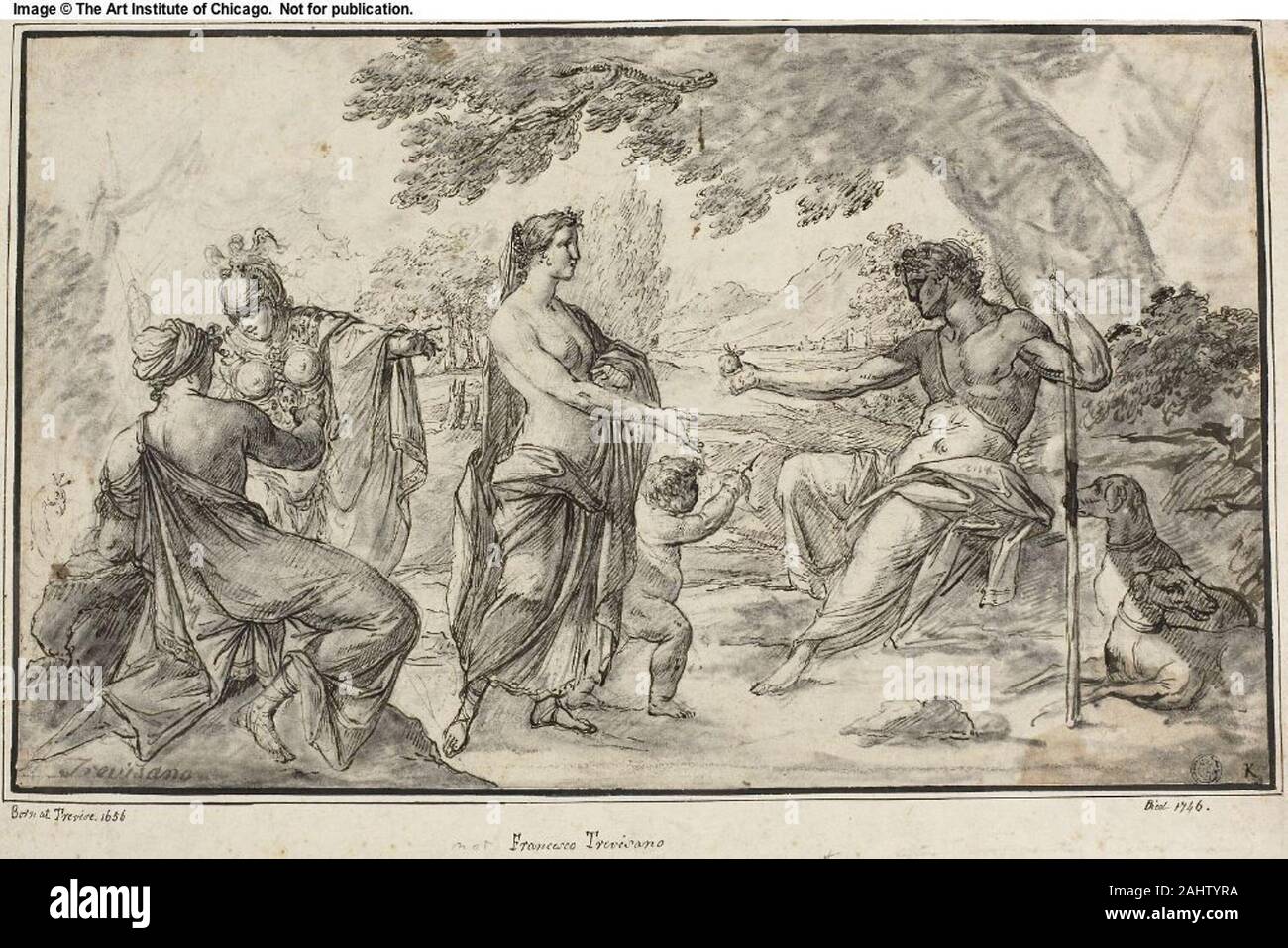 Francesco Trevisani. Judgement of Paris. 1676–1746. Italy. Pen and brush and brown ink, with black chalk, on ivory laid paper, laid down on ivory laid paper Stock Photo