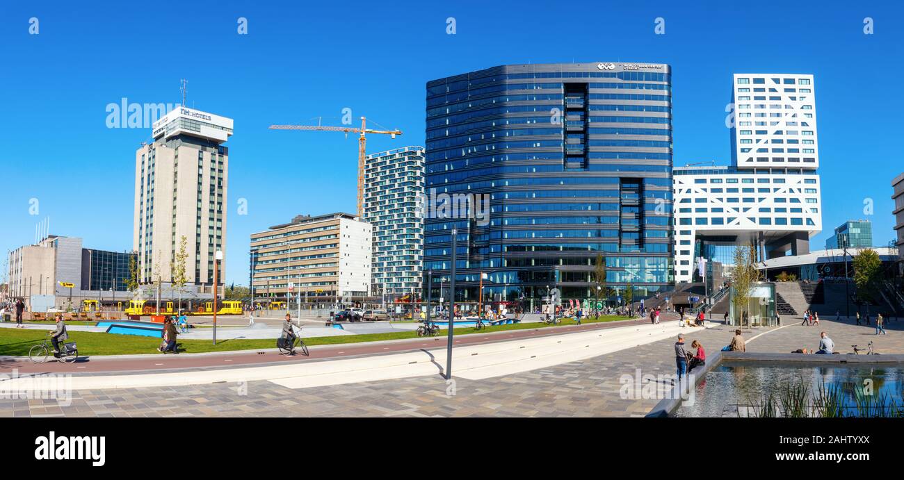 Panoramic view of the Jaarbeursplein with the NH Hotels, The SYP, the World Trade Centrer and the Stadskantoor (city hall). Utrecht, The Netherlands. Stock Photo
