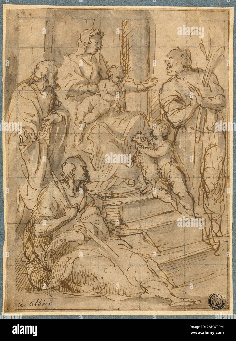 Alessandro Albini. Holy Family with the Infant Saint John the Baptist and Two Male Saints. 1588–1646. Italy. Pen and brown ink, with brush and gray wash and traces of graphite, on tan laid paper, squared in graphite, laid down on buff wove card Stock Photo