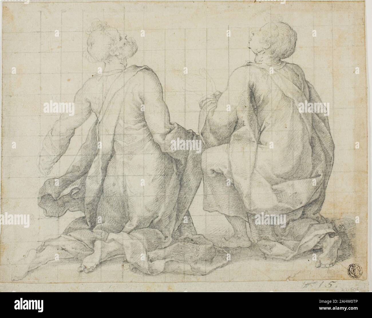 Unknown Cremonese. Two Kneeling Male Saints. 1580–1599. Italy. Graphite on ivory laid paper, squared in graphite, laid down on blue laid paper Stock Photo