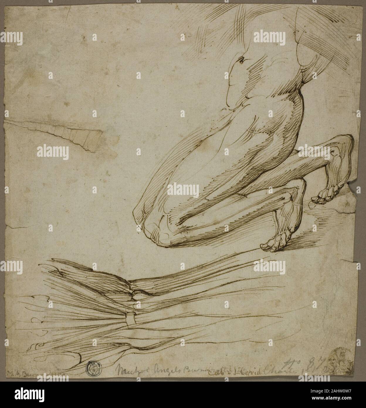 Follower of Michelangelo Buonarroti. Anatomical Study and Sketch of Kneeling Figure. 1475–1564. Italy. Pen and brown ink on ivory laid paper Stock Photo