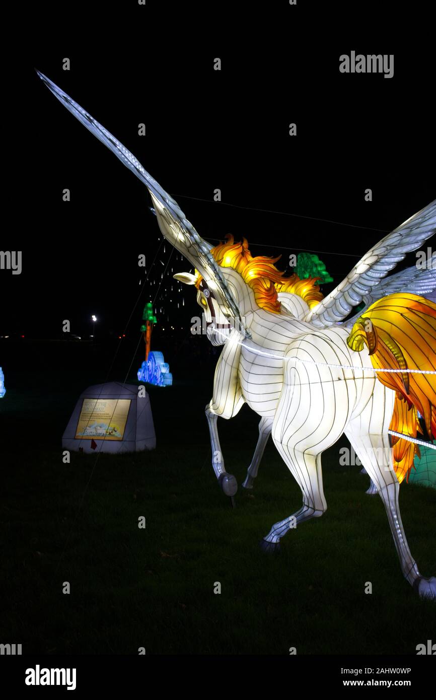 Longleat Safari Park, London, Warminster, December 7th 2019: Pegasus pulling the charriot Stock Photo