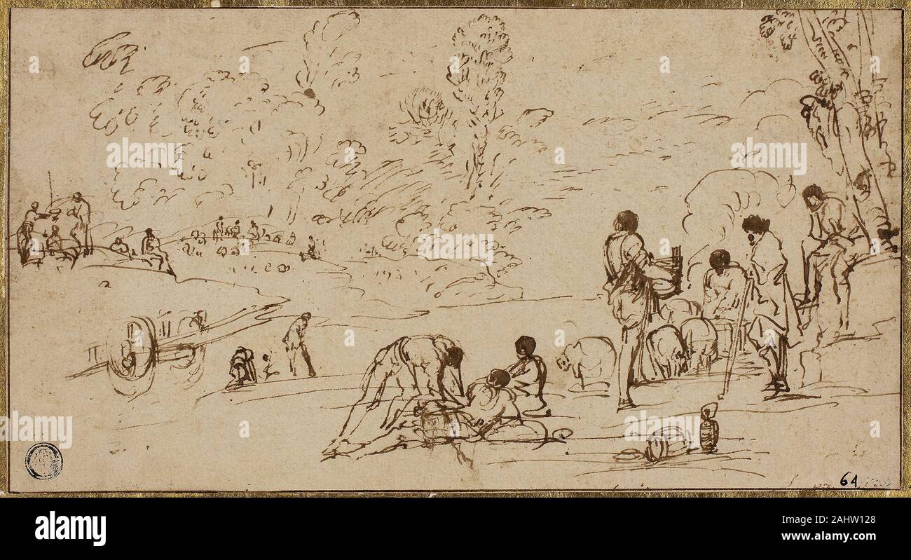 Agostino Tassi. Group of Figures by a River. 1580–1644. Italy. Pen and brown ink with brush and brown ink, on buff laid paper, laid down on ivory laid card Stock Photo