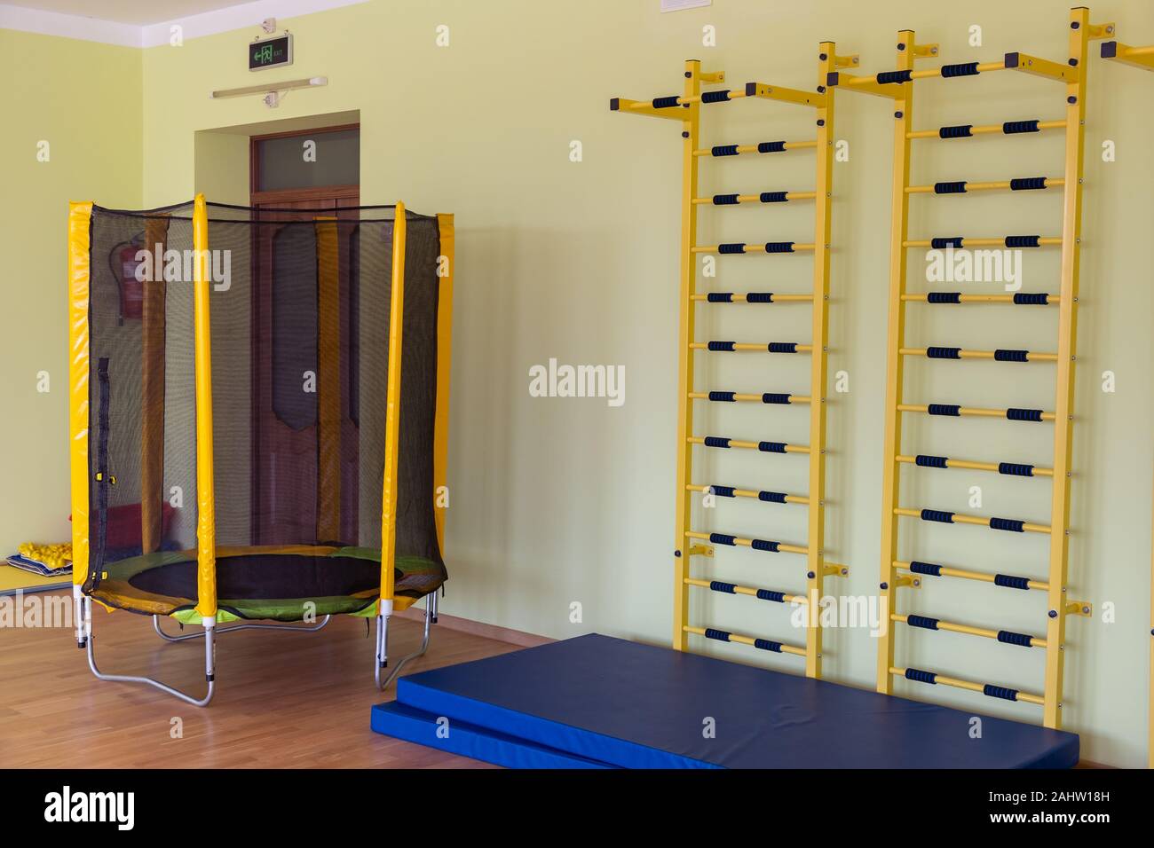 A wall with ladder bar for fitness training inside sports gym room in a