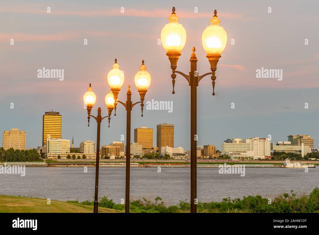 Baton Rouge, Louisiana city skyline along the Mississippi River Stock Photo