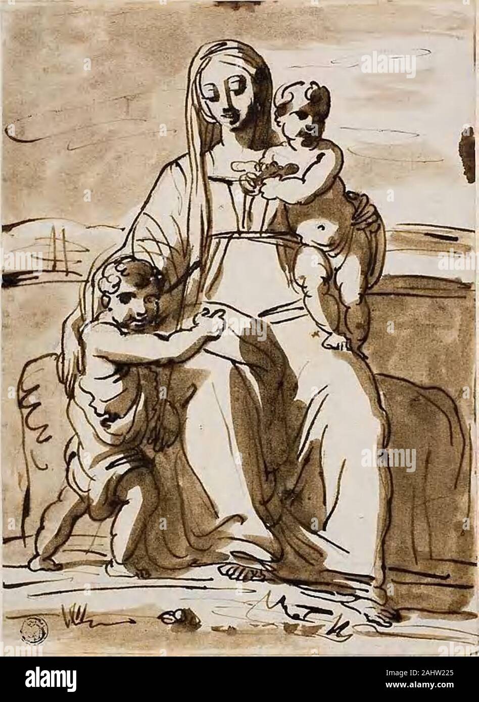 Fortunato Duranti. Madonna and Child with Saint John. 1706–1863. Italy. Pen and brown ink, with brush and brown wash, over black chalk, on cream laid paper Stock Photo