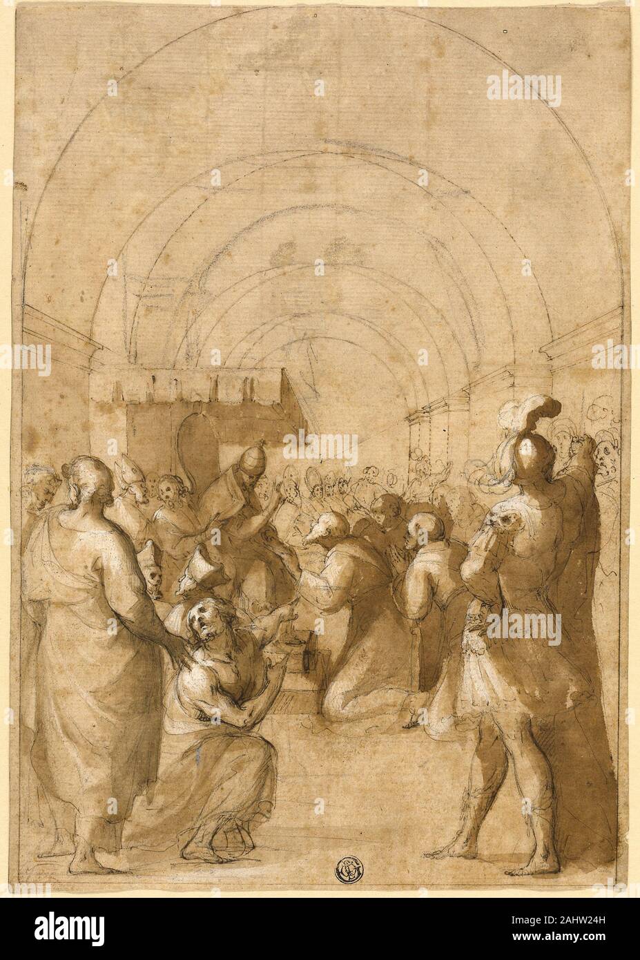 Francesco Allegrini. Study for Pope Innocent III Establishing the Franciscan Order. 1607–1684. Italy. Pen and brown ink with brush and brown wash, heightened with white gouache, over black chalk, on buff laid paper Stock Photo