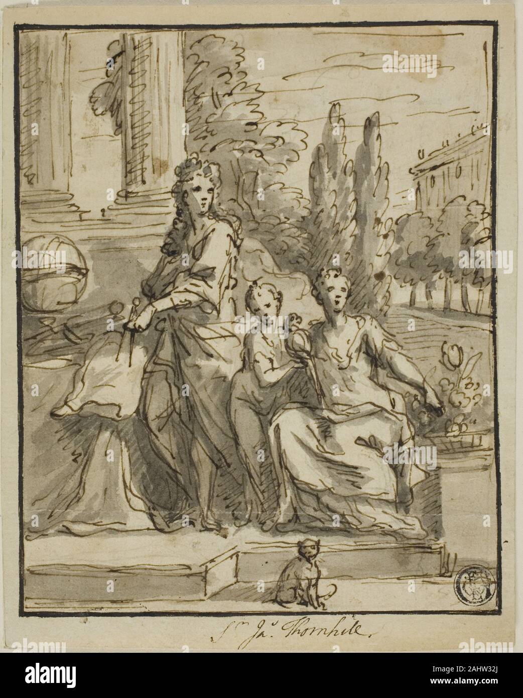 James Thornhill. Portrait of a Geographer, Wife, and Child. 1695–1734. England. Pen and brown ink with brush and gray wash, over traces of graphite, on ivory laid paper, laid down on ivory laid paper Stock Photo