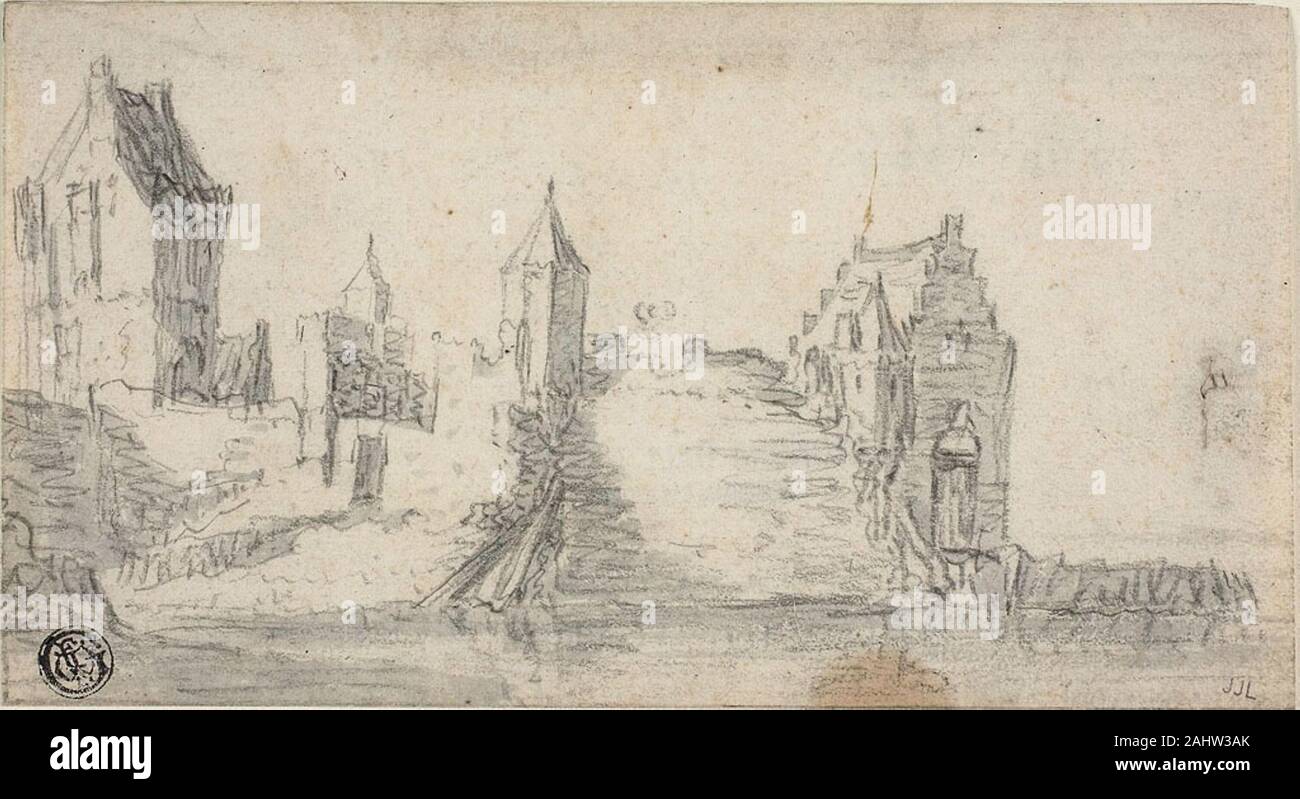 Simon de Vlieger. Fortified Buildings on Water's Edge. 1620–1653. Holland. Black chalk with brush and blue-gray wash on ivory laid paper Stock Photo