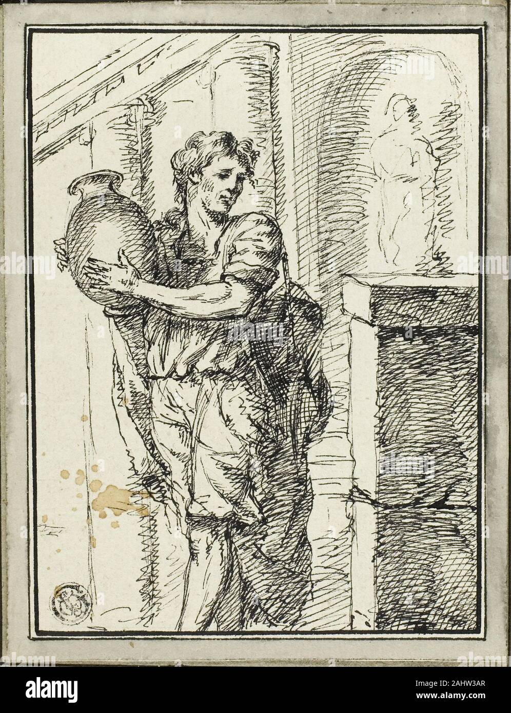 David Pierre Giottino Humbert de Superville. Man Holding Jar. 1785. Holland. Pen and black ink on ivory laid paper, tipped onto gray laid paper Stock Photo