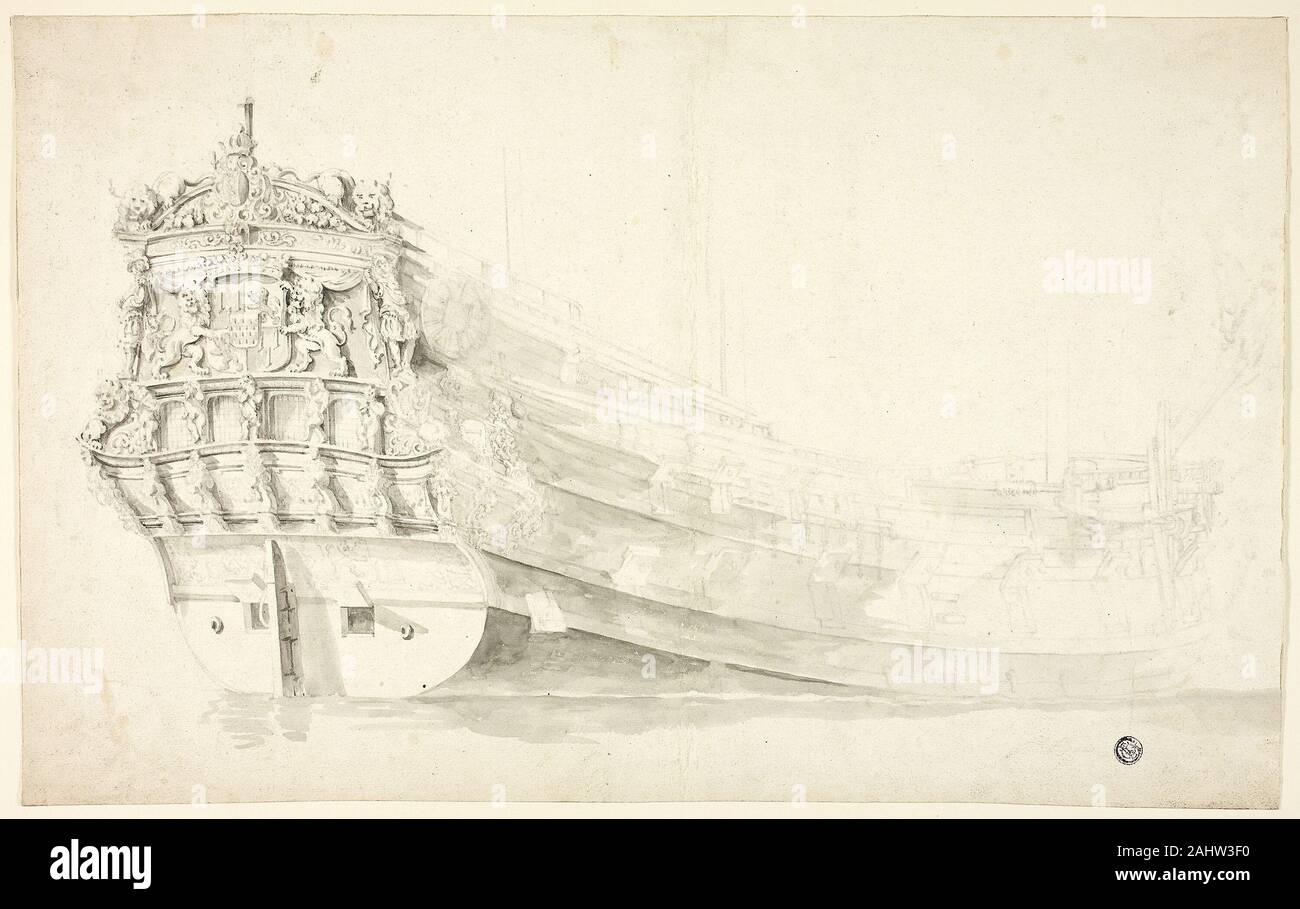Willem van de Velde, I. Dutch Ship with Ornamental Prow Seen from Starboard Quarter. 1631–1707. Netherlands. Brush and gray wash, over graphite, on ivory laid paper Stock Photo