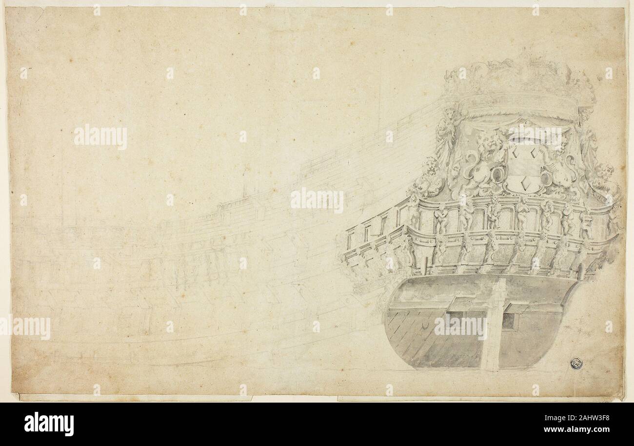 Willem van de Velde, I. Partial Sketch of a Dutch Vessel Seen from Port Quarter. 1621–1707. Holland. Graphite with brush and gray wash on buff laid paper, tipped onto ivory laid paper Stock Photo