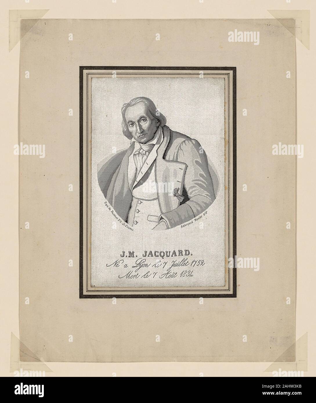 Claude Bonnefond (Engraver). Portrait of Joseph Marie Jacquard (1752–1834). 1801–1900. France. Silk, warp float-faced 10 1 satin weave self-patterned by main warp and ground weft floats and by areas of twill weaves; woven on loom with Jacquard attachment Stock Photo