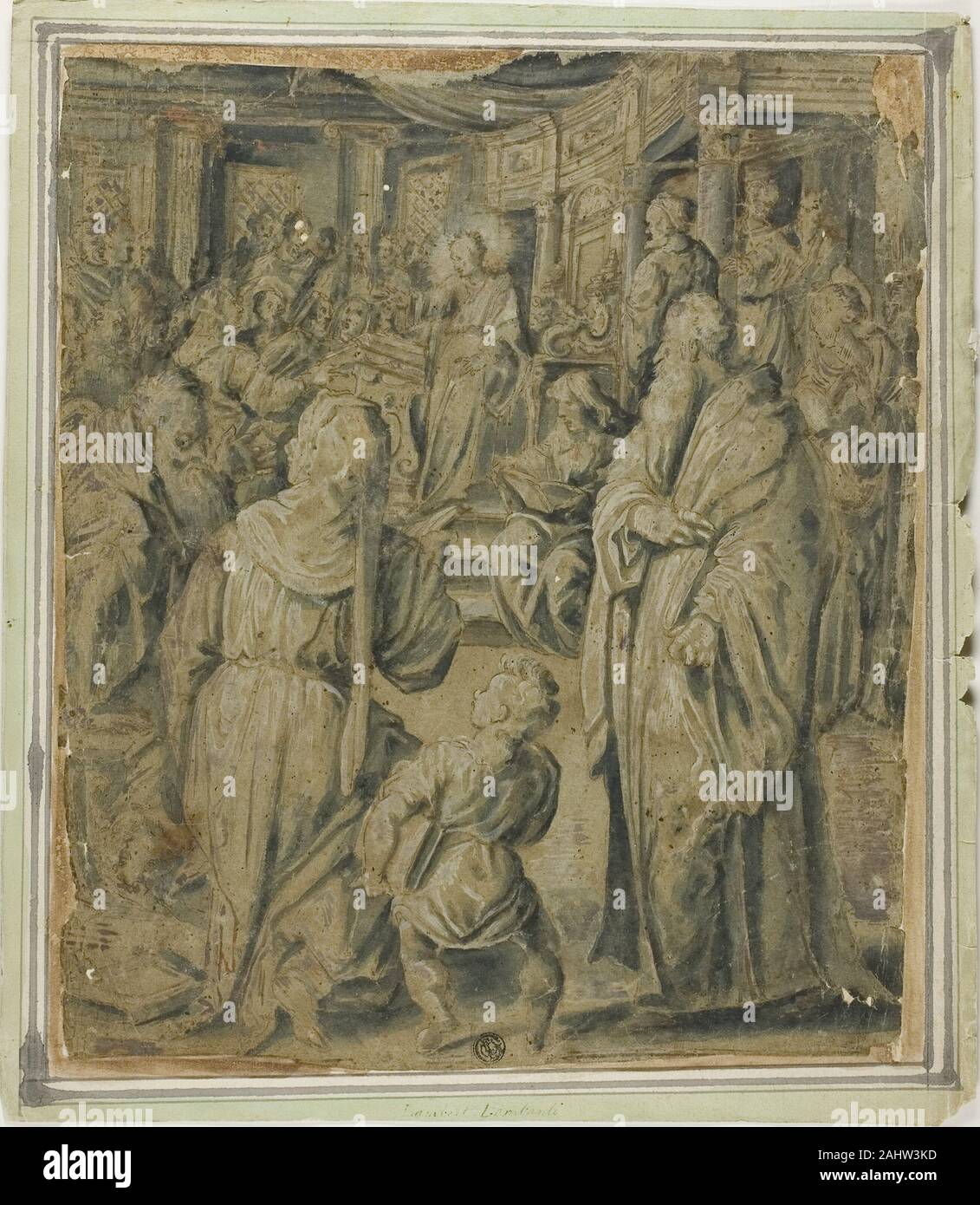 School of Lambert Lombard. Christ Among the Doctors. 1526–1600. Flanders. Pen and brown ink and brush and blue wash, heightened with lead white (partly discolored), on blue laid paper (faded), laid down on ivory laid paper Stock Photo