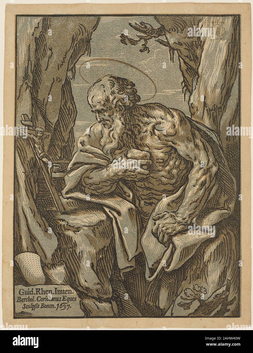 Bartolomeo Coriolano. Saint Jerome. 1637. Italy. Chiaroscuro woodcut in blue, black, and tan on buff laid paper Bartolomeo Coriolano made prints for Guido Reni in a fruitful collaboration that lasted from 1627 until Reni’s death. The more established artist approved so highly of Coriolano’s intricate chiaroscuro woodcutting skills that in the end he asked him to reproduce 24 of his drawings. The nearby etching (1935.431) by Reni himself, which is monochromatic and more realistic due to its fine lines, demonstrates the contrasts between intaglio and relief prints. Stock Photo
