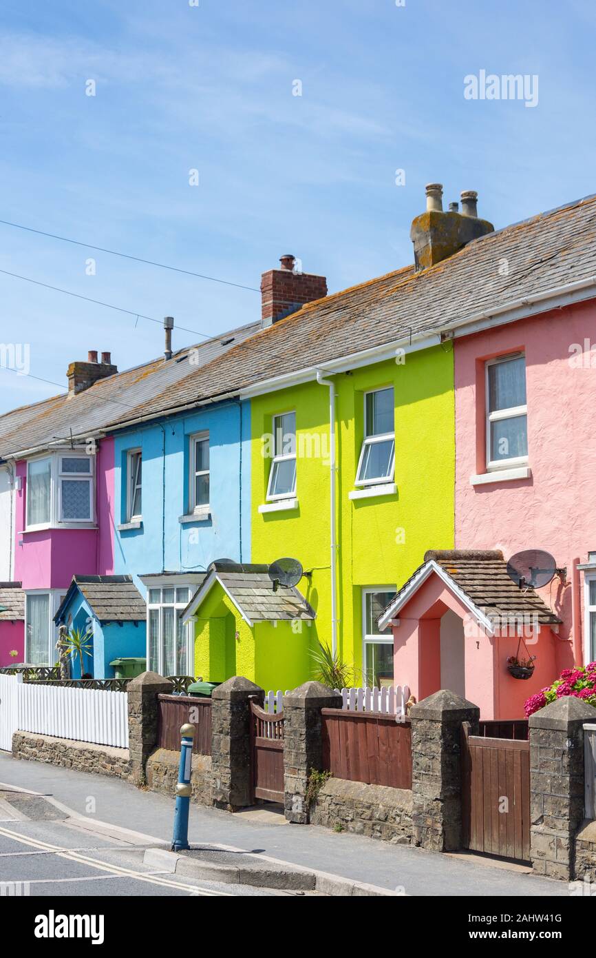 Colourfield terraced houses, Springfield Terrace, Westward Ho!, Devon, England, United Kingdom Stock Photo