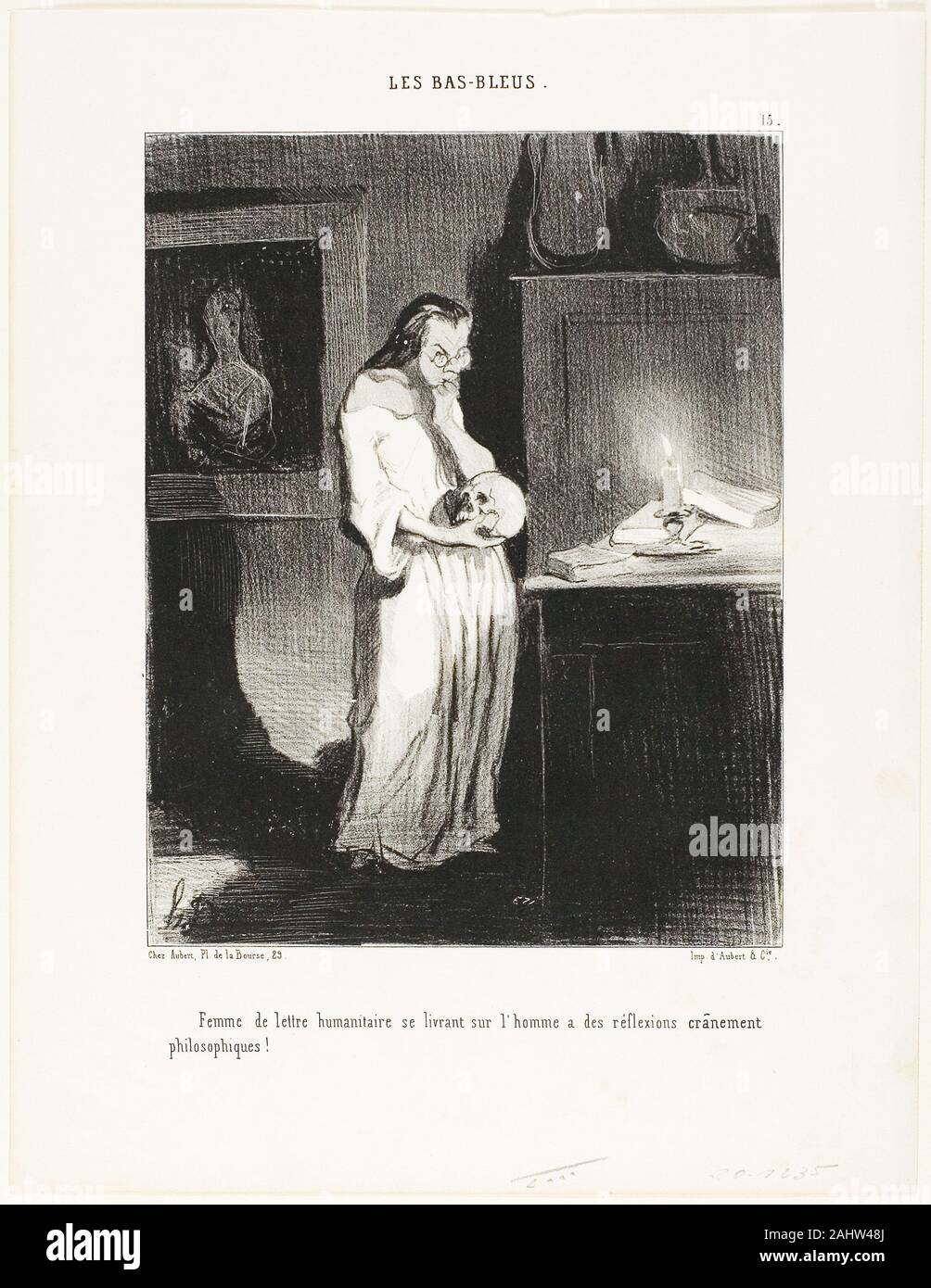 Honoré-Victorin Daumier. A humanist woman of letters abandoning herself to the cerebral philosophic reflections on the subject of man!, plate 15 from Les Bas-Bleus. 1844. France. Lithograph in black on white wove paper Stock Photo
