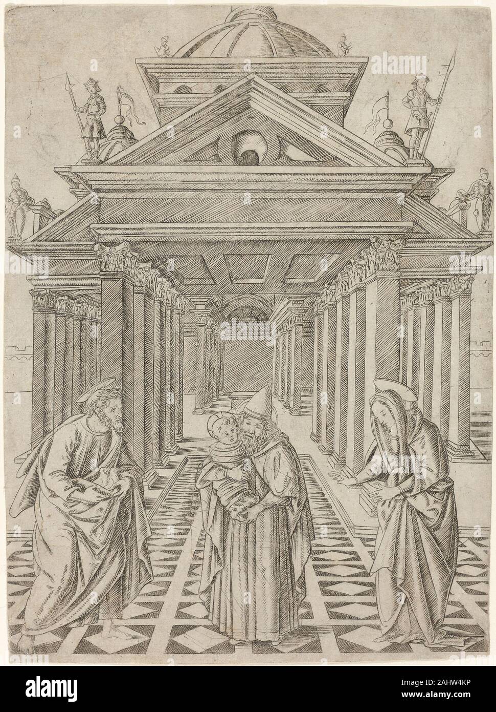 Francesco Rosselli. The Presentation in the Temple, plate four from the Life of the Virgin and Christ. 1465–1475. Italy. Engraving in black on ivory paper Francesco Rosselli combined the long parallel strokes of his engraver’s burin with one-point perspective to create a centrally focused, receding sense of depth. The symmetrical theatrical backdrop frames the foreground figures of Christ, Mary, and two rabbis. The Prophet Amos (1934.5), is also attributed to the artist, showing his range with a finer approach of lightly hatched shadows and darker outlines. In contrast, Giovanni da Brescia ach Stock Photo