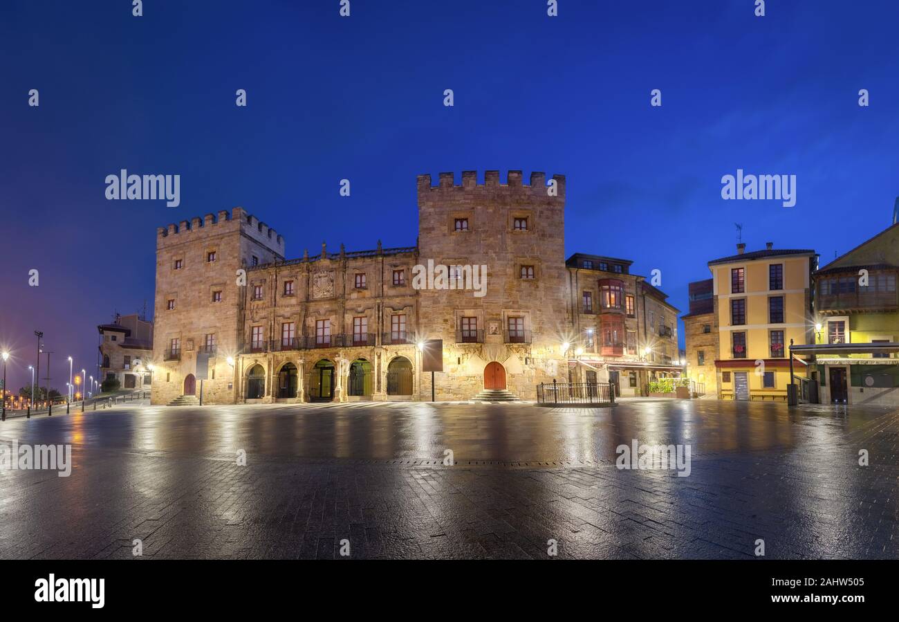 Gijon, Spain. Panoramic view of Plaza del Marques with Revillagigedo Palace at dusk Stock Photo