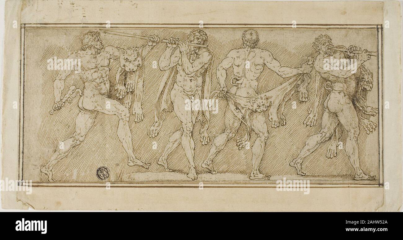 Lambert Lombard. Frieze of Satyrs Wearing Lion Skins and Playing Pipes. 1500–1599. Flanders. Pen and brown ink on tan laid paper, laid down on ivory laid paper Stock Photo