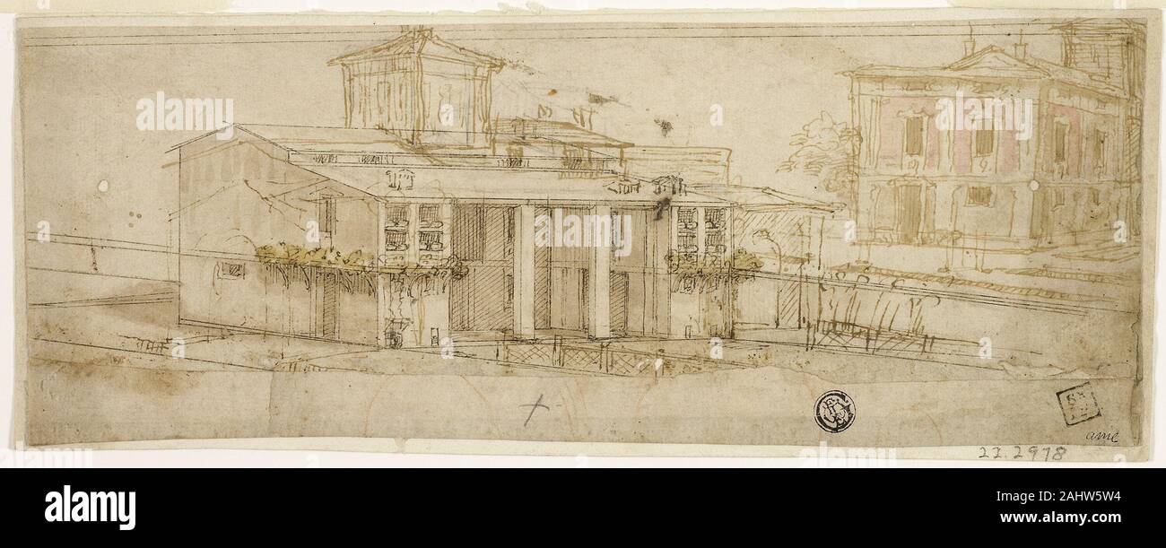 Bernardo delle Girandole Buontalenti. Sketches of Tuscan Villas. 1556–1608. Italy. Pen and brown ink with brush and brown and pink wash, over traces of graphite, on ivory laid paper, pieced and laid down on ivory laid paper Stock Photo