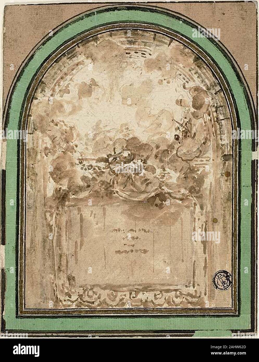 Claude Nicolas Ledoux. Project for the Ceiling of the Salle de Spectacle de  Besancon. 1766–1806. France. Brush and brown wash, over traces of graphite,  on ivory laid paper (lunette), laid down on