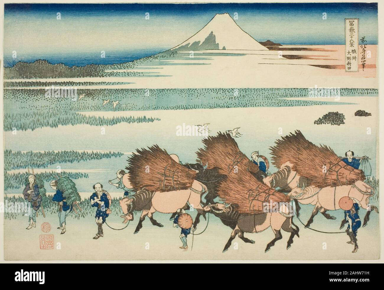 Katsushika Hokusai. Rice Paddies at Ono in Suruga Province (Sunshu Ono shinden), from the series Thirty-six Views of Mount Fuji (Fugaku sanjurokkei). 1825–1838. Japan. Color woodblock print; oban Stock Photo