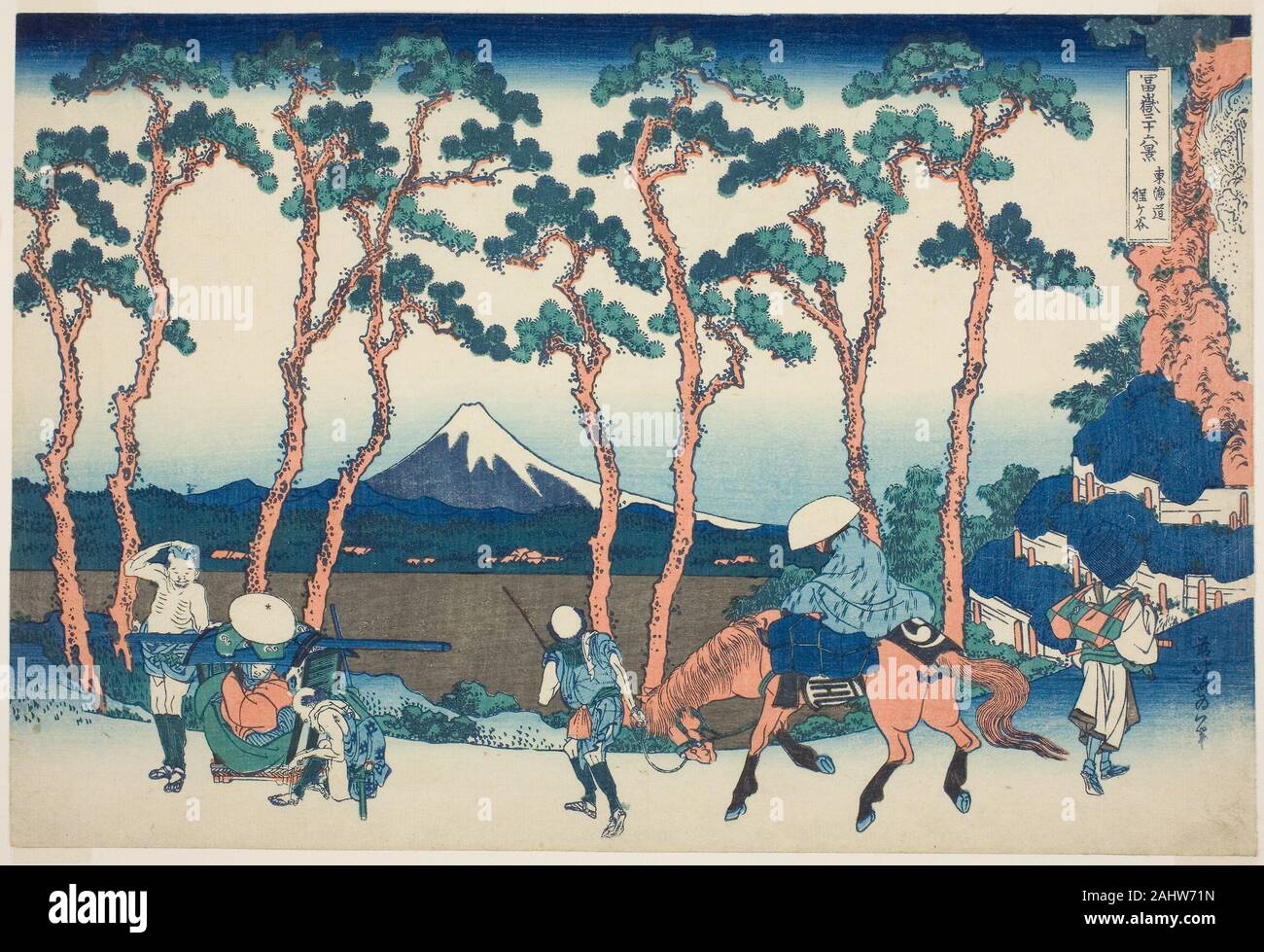 Katsushika Hokusai. Hodogaya on the Tokaido (Tokaido Hodogaya), from the series Thirty-six Views of Mount Fuji (Fugaku sanjurokkei). 1825–1837. Japan. Color woodblock print; oban Stock Photo