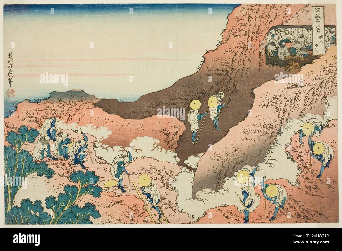 Katsushika Hokusai. Groups of Mountain Climbers (Shojin tozan), from the series Thirty-six Views of Mount Fuji (Fugaku sanjurokkei). 1825–1838. Japan. Color woodblock print; oban Stock Photo