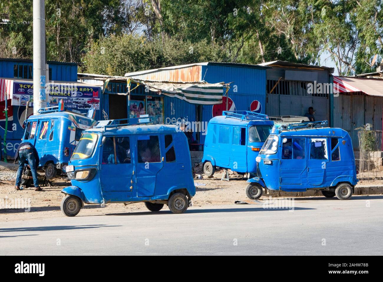 ETHIOPIA, MEKELLE, Tuk-Tuks, the three wheeler taxis, imported from India and called Baja in Ethiopiaj, are very common. Especially in Mek Stock Photo