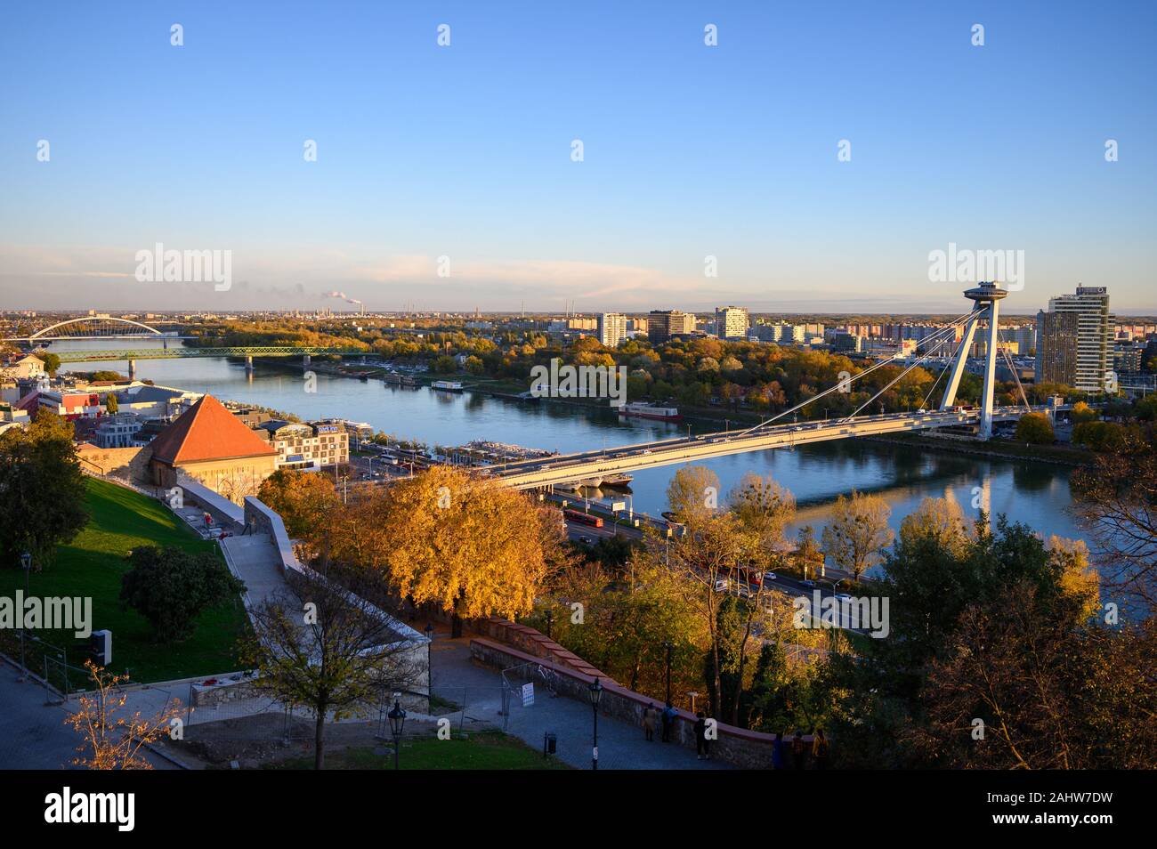The SNP bridge spanning the river Danube in Bratislava. SNP is a Slovak abbreviation for Slovak National Uprising. Stock Photo