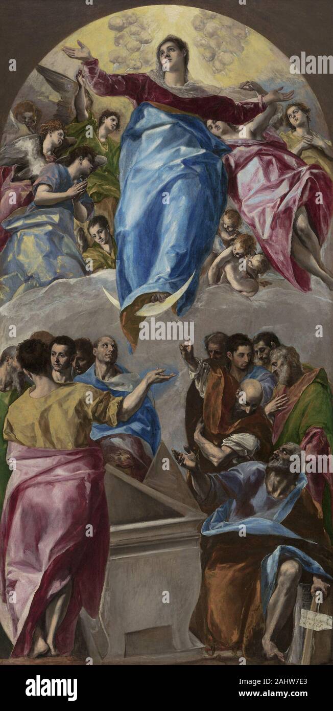 Domenico Theotokópoulos, called El Greco. The Assumption of the Virgin. 1577–1579. Spain. Oil on canvas This painting was the central element of the altarpiece that was El Greco’s ?rst major Spanish commission and ?rst large public work. After living in Venice and Rome, where he absorbed the late Mannerist style, the Greek-born artist settled in the Spanish city of Toledo in 1577 to work on the high altar of the convent church of Santo Domingo el Antiguo. The church of this ancient Cistercian convent was being rebuilt as the funerary chapel of a pious widow, Doña Maria de Silva. In El Greco’s Stock Photo