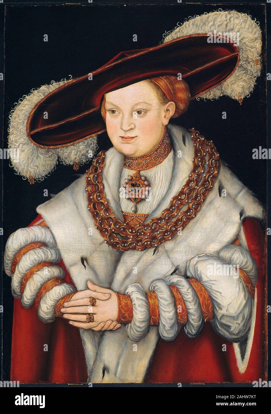 Lucas Cranach, the Elder. Portrait of Magdalena of Saxony, Wife of Elector Joachim II of Brandenburg. 1520–1540. Germany. Oil on panel As court painter to the electors of Saxony, Lucas Cranach the Elder developed a simplified portrait style that catered to his patrons’ concern with dynastic continuity and princely status. His portraits of princes present a legible, if not always flattering, rendering of his sitter’s features and richly patterned costumes. The Saxon princess depicted her married in to the Brandenburg branch of the Hohenzollern family, and her descendants became kings of Prussia Stock Photo