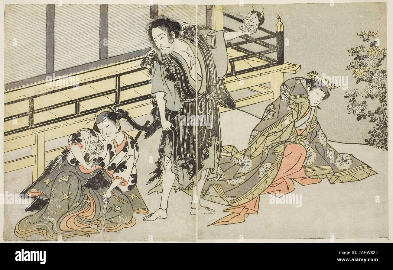 Katsukawa Shunsho. The Actors Nakamura Noshio I as Nyosan no Miya (right), Ichikawa Danjuro V as the Renegade Monk Yochin (center), and Yamashita Kinsaku II as the Maid Mutsuhana (left), in the Play Fuki Kaete Tsuki mo Yoshiwara, Performed at the Morita Theater in the Eleventh Month, 1771. 1767–1777. Japan. Color woodblock print; from the illustrated book Yakusha Kuni no Hana (Prominent Actors of Japan) Stock Photo
