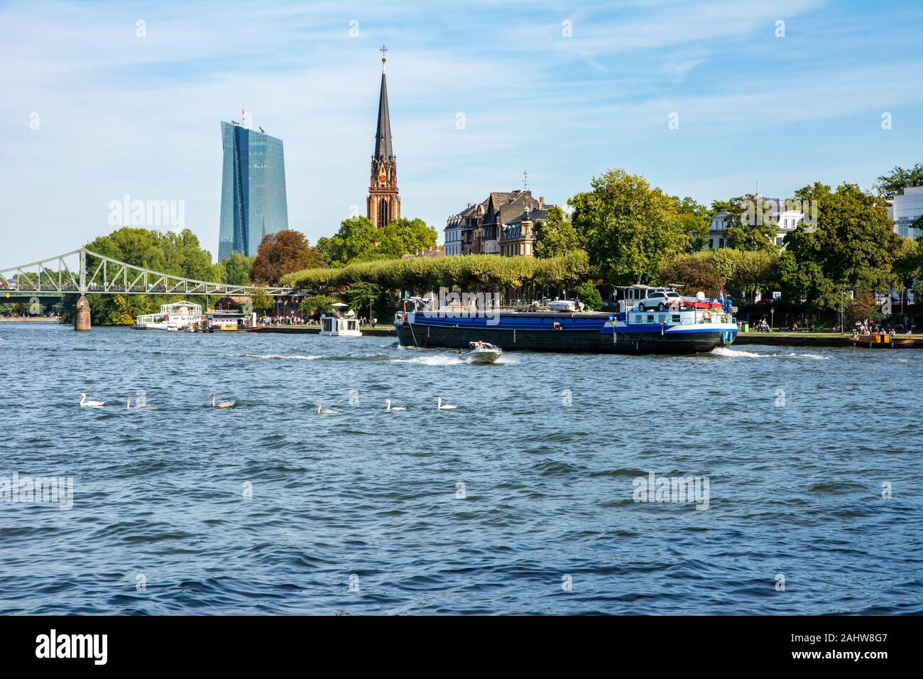 FRANKFURT, GERMANY - SEPTEMBER 15: Barge on the Main river in Frankfurt , Germany on September 15, 2019. Foto taken from Eiserner Steg with view to th Stock Photo