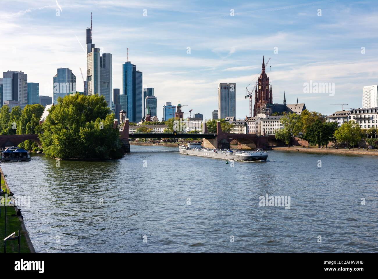 FRANKFURT, GERMANY - SEPTEMBER 15: Barge on the Main river in Frankfurt , Germany on September 15, 2019. Foto taken from Ignatz-Bubis Bridge with view Stock Photo