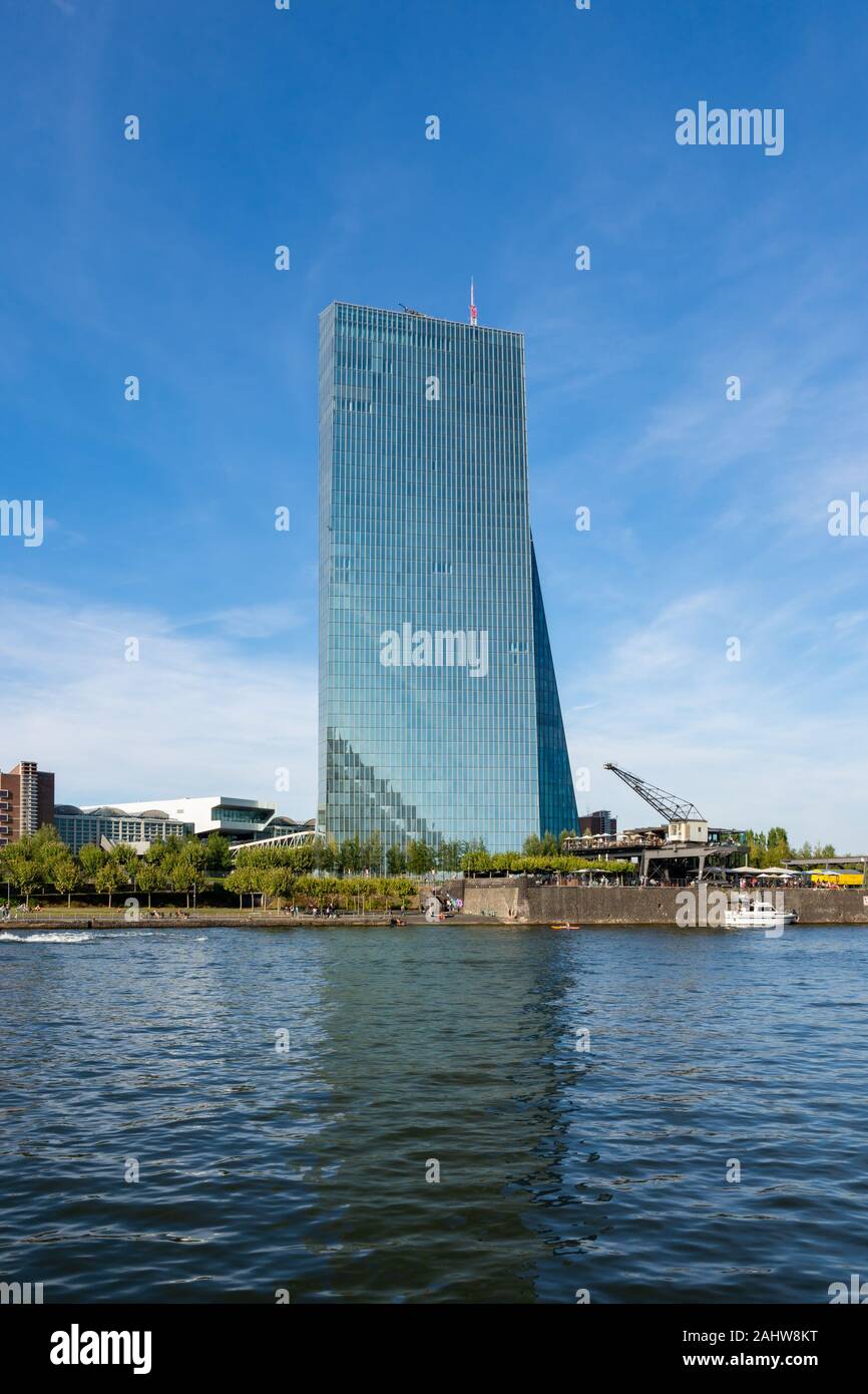 FRANKFURT, GERMANY - SEPTEMBER 15: The European Central Bank an the Main River in Frankfurt , Germany on september 15, 2019. Foto taken from Schaumain Stock Photo