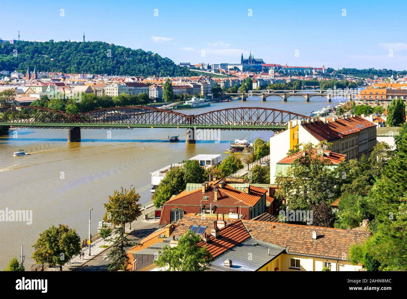PRAGUE, CZECH REPUBLIC - SEPTEMBER 4: The Vltava river in Prague, Czech Republic on September 4, 2019. View from Vysehrad to the Hhradschin. Stock Photo