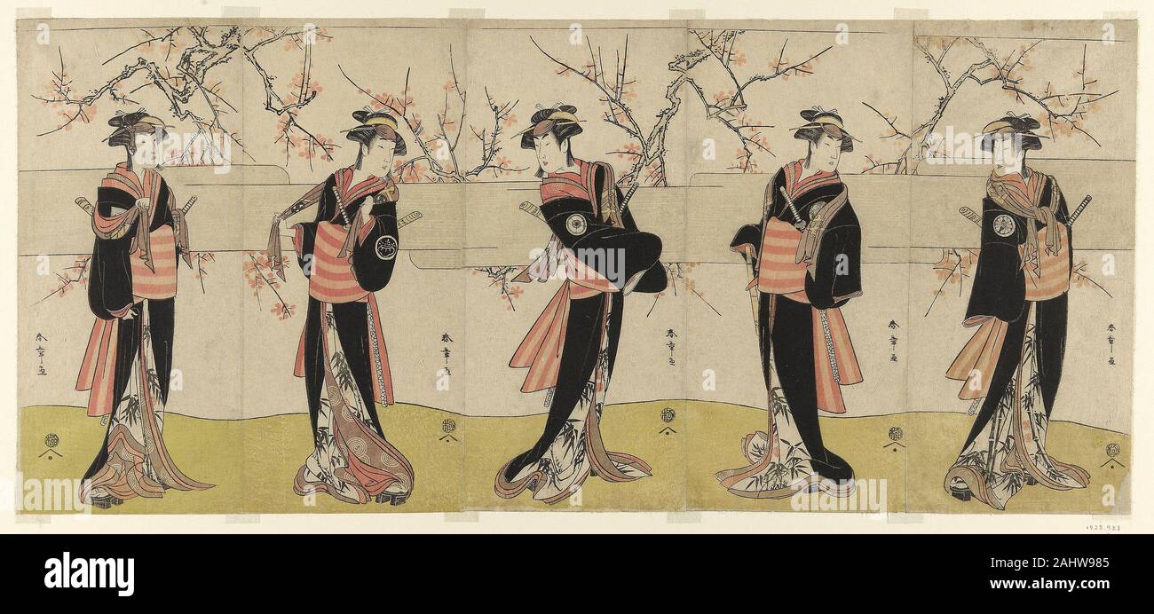 Katsukawa Shunsho. The Actors Segawa Kikunojo III as Karigane Obun, Nakayama Tomisaburo I as An no Oyasu, Iwai Kiyotaro II as Kaminari no Osha, Nakayama Tatezo I as Gokuin no Osen, and Ichikawa Monnosuke II as Hotei no Oichi (right to left), in Gonin Onna, Scene One of the Play Waka Murasaki Edokko Soga, Performed at the Ichimura Theater in the Second Month, 1792. 1787–1797. Japan. Color woodblock print; hosoban; pentaptych Stock Photo