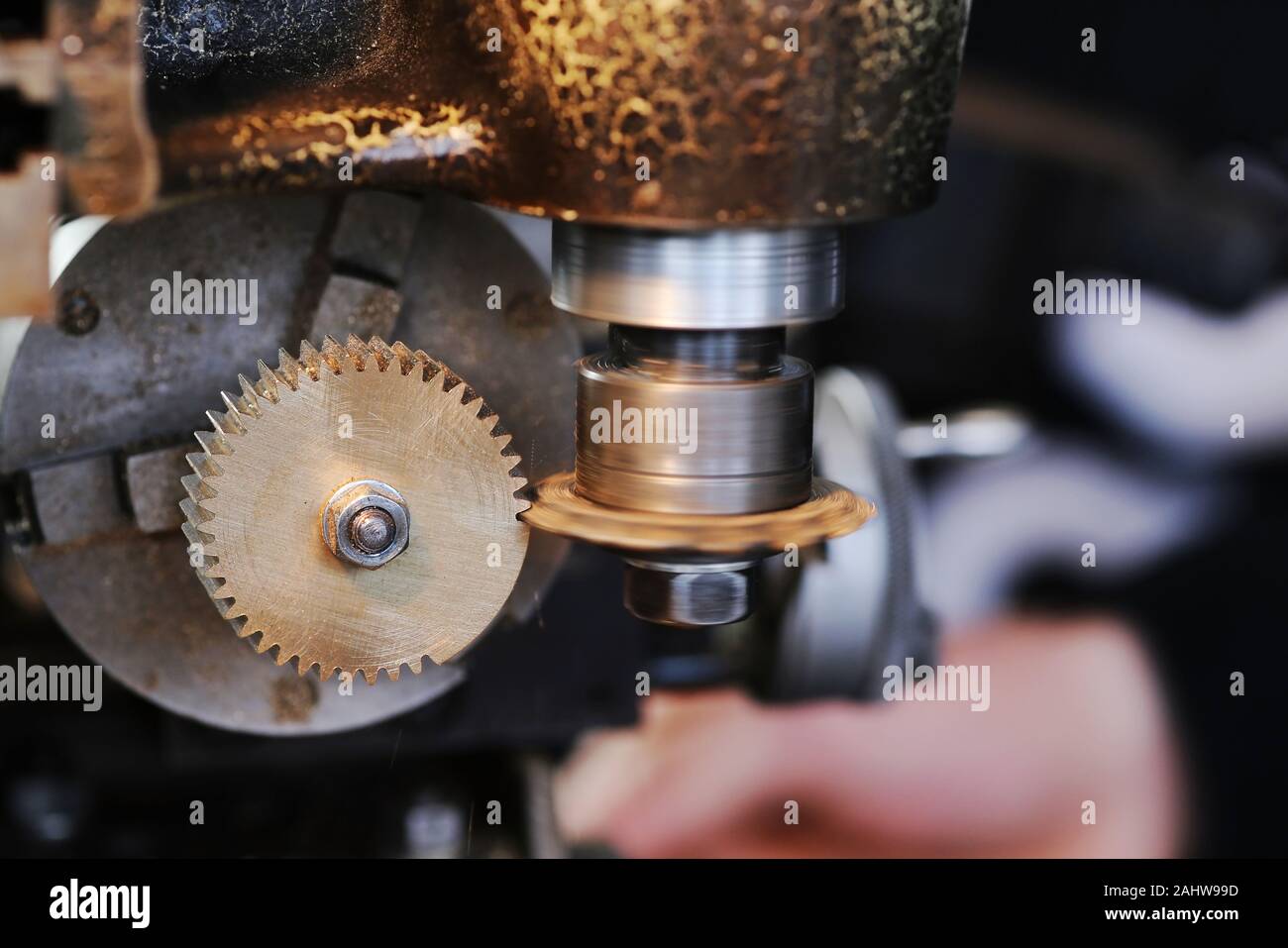 Production of a gear on the lathe Stock Photo